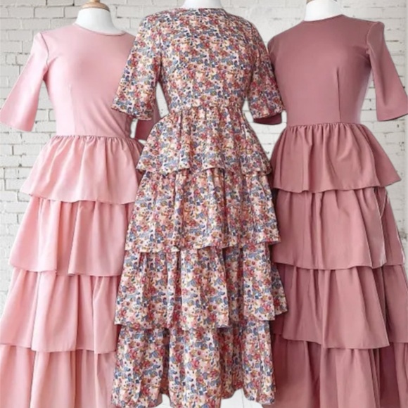 JessaKae Dresses & Skirts - JessaKae Pink & Dusty Rose Tiered Midi Dresses with Floral Tiered Midi